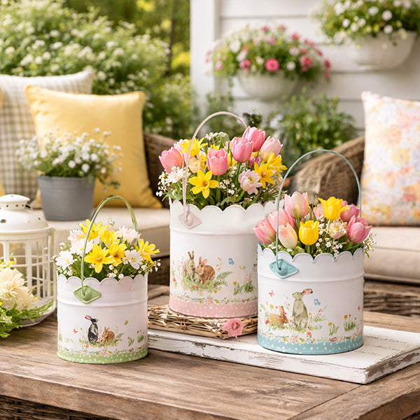 Scalloped Edge Easter Bunny Metal Buckets, Set of Three