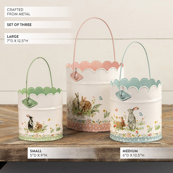 Scalloped Edge Easter Bunny Metal Buckets, Set of Three