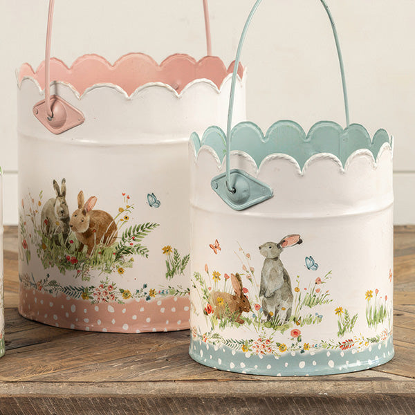 Scalloped Edge Easter Bunny Metal Buckets, Set of Three