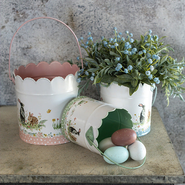 Scalloped Edge Easter Bunny Metal Buckets, Set of Three