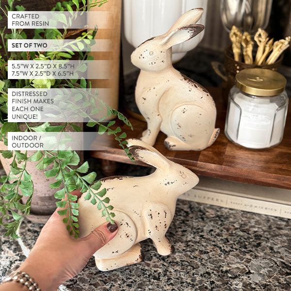 Weathered Cream Bunny Figurines, Set of 2 | Indoor/Outdoor