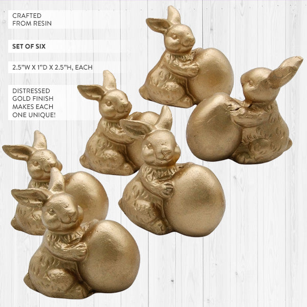 Distressed Gold Easter Bunny Figurines with Eggs, Set of Six