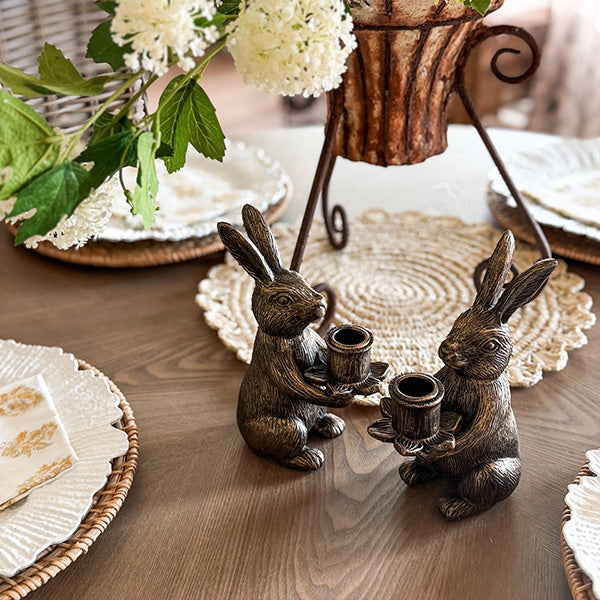 Vintage Bronze Bunny Taper Candle Holders, Set of 2