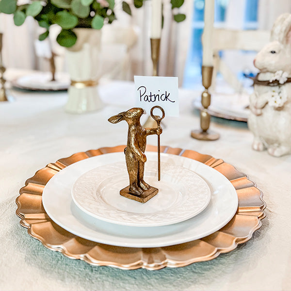 Vintage Distressed Gold Bunny Place Card Holders with Staff, Set of 4