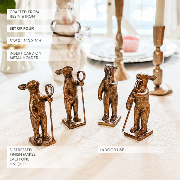 Vintage Distressed Gold Bunny Place Card Holders with Staff, Set of 4