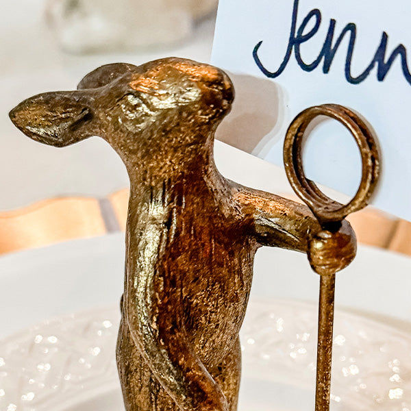 Vintage Distressed Gold Bunny Place Card Holders with Staff, Set of 4