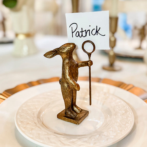 Vintage Distressed Gold Bunny Place Card Holders with Staff, Set of 4